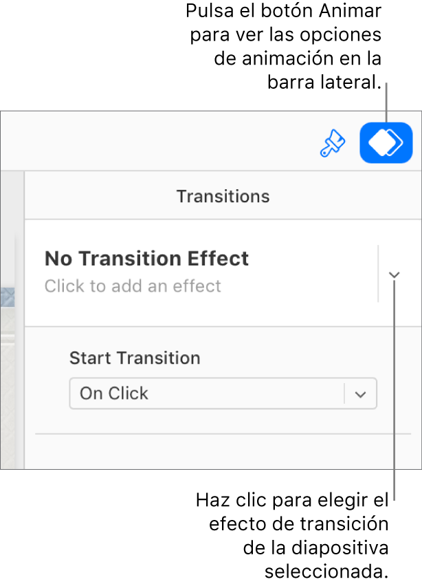 En la barra de herramientas está seleccionado el botón Animar y en el menú desplegable Transiciones aparece la opción “Ningún efecto de transición”.