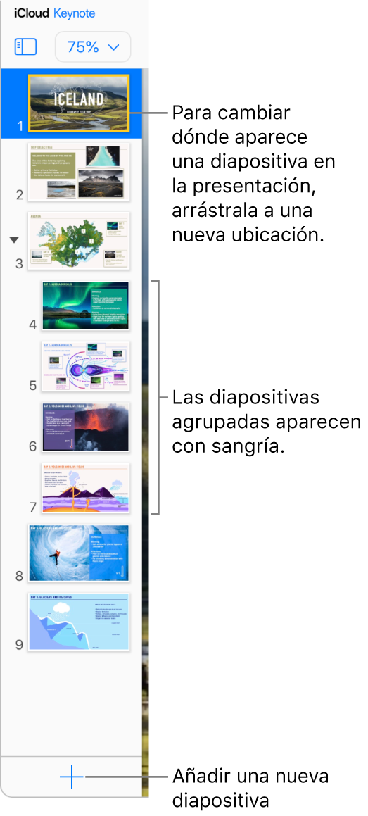 En la barra lateral izquierda está abierto el navegador de diapositivas de Keynote para iCloud, mostrando cinco diapositivas de la presentación. En la parte de debajo de la barra lateral hay un botón para añadir nuevas diapositivas.