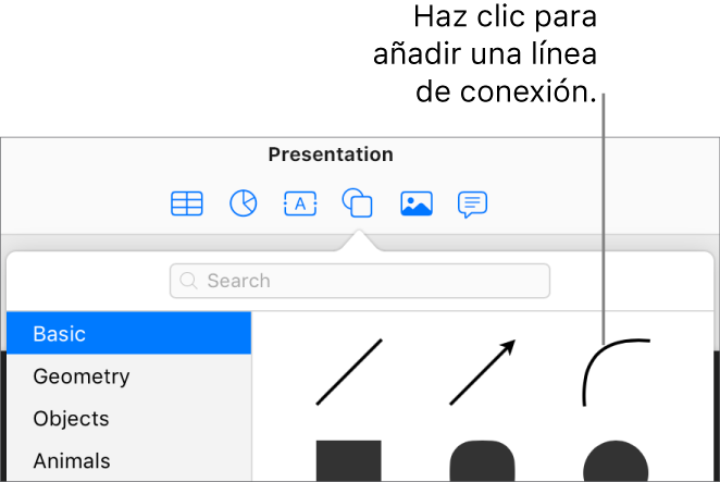 La biblioteca de figuras está abierta, con Básica seleccionado en la izquierda y, a la derecha, se ven unas líneas y figuras, incluyendo una línea curva.