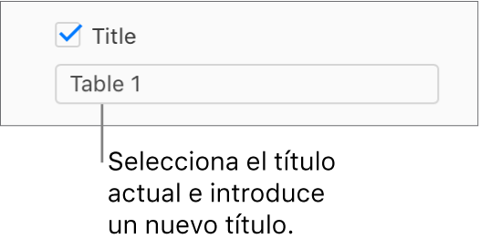 La casilla Título de la barra lateral Formato está seleccionada. Un campo de texto, debajo de la casilla, muestra el título de tabla de marcador de posición: “Tabla 1”.