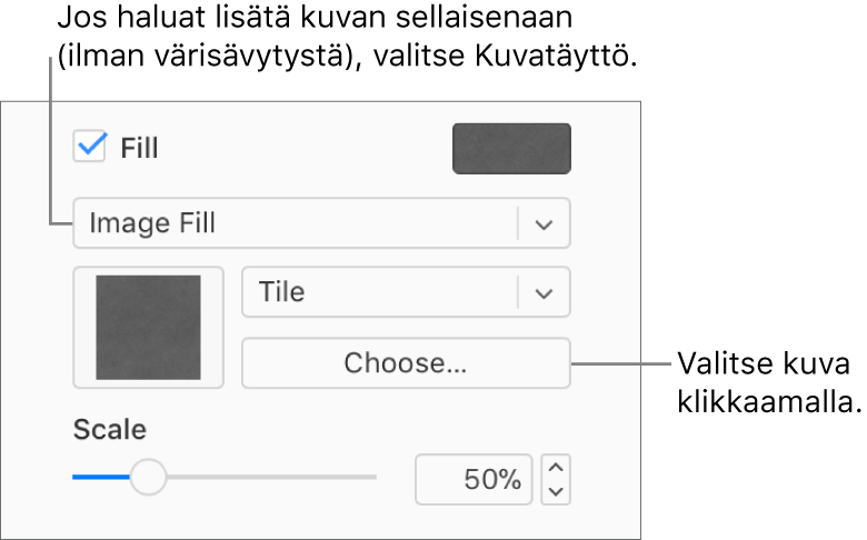 Sivupalkissa on valittuna Täyttö-valintaneliö, jonka alla olevassa ponnahdusvalikossa on valittuna Kuvatäyttö. Toiminnot kuvan valitsemista, sen objektin täyttötavan valintaa ja kuvan skaalaamista varten ovat ponnahdusvalikon alla. Väritäytön esikatselu näkyy neliössä (kun kuva on valittu).