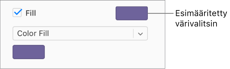 Täyttö-valintaneliö on valittuna sivupalkissa ja valmiiksi määritettyjen värien värivalitsin valintaneliön oikealla puolella on täytetty violetilla. Valintaneliön alla ponnahdusvalikossa on valittuna Väritäyttö.
