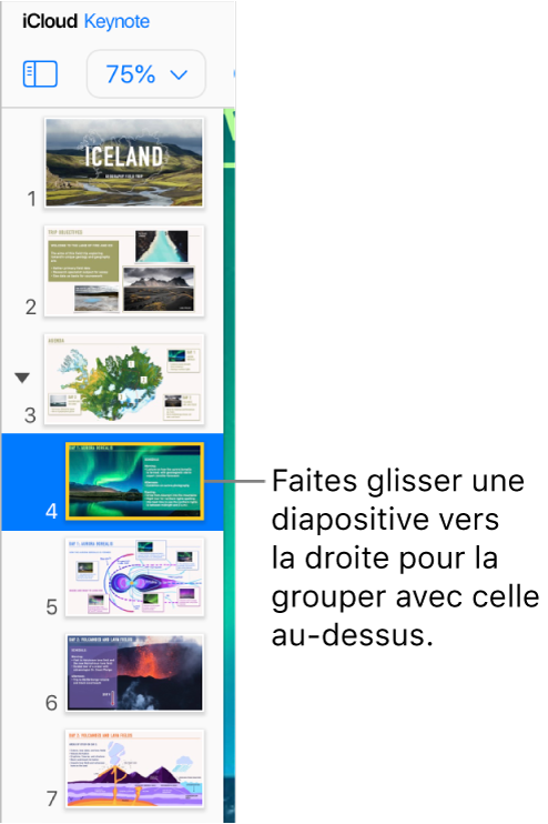 Navigateur de diapositives de Keynote pour iCloud avec une diapositive déplacée vers la droite
