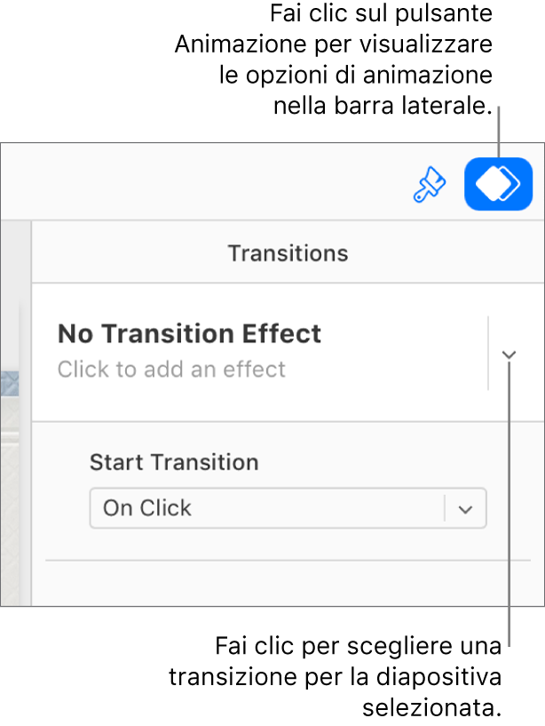 Il pulsante Animazione viene selezionato nella barra strumenti e “Nessun effetto incorporato” viene visualizzato nel menu a comparsa Transizioni nella barra laterale.