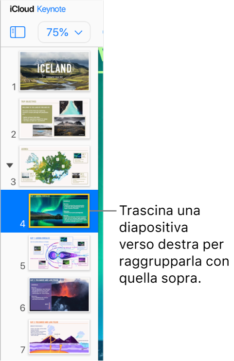 Il navigatore diapositive di Keynote per iCloud con una diapositiva che si sposta a destra