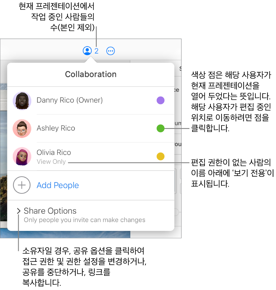 보기 전용 접근 권한이 있는 세 명의 참여자 목록, 사용자 추가 옵션 및 공유 옵션 섹션이 있는 공동 작업 메뉴가 열려 있음.