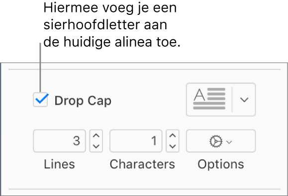 Het aankruisvak 'Sierhoofdletter' is ingeschakeld en rechts ervan staat een pop‑upmenu. Eronder staan regelaars voor het instellen van de regelhoogte, het aantal tekens en andere opties.