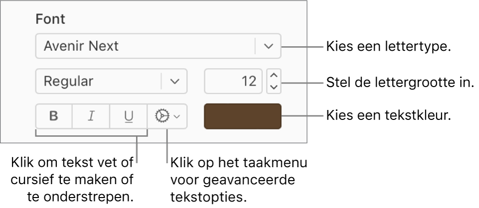 De knoppen voor lettertype en stijl in de navigatiekolom 'Opmaak'.