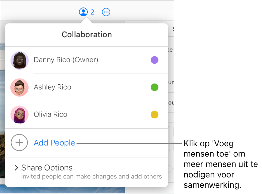Het geopende samenwerkingsmenu met de optie 'Voeg mensen toe' onder de lijst met deelnemers.