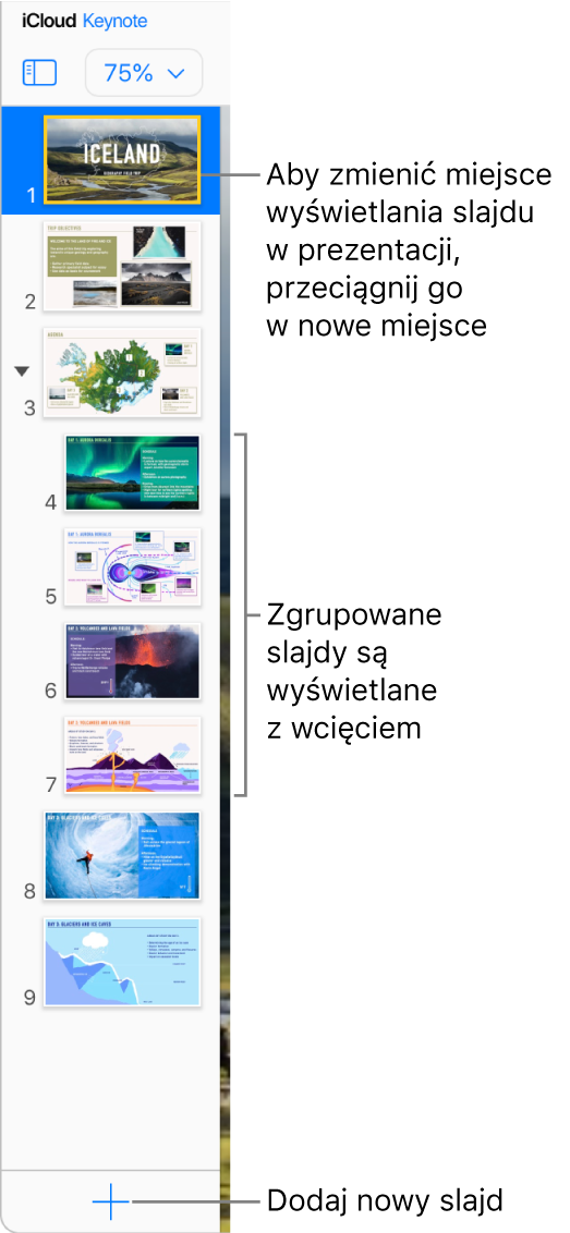 Na lewym pasku bocznym otwarty jest nawigator slajdów aplikacji Keynote dla iCloud, wyświetlając pięć slajdów w prezentacji. U dołu paska bocznego znajduje się przycisk umożliwiający dodanie nowego slajdu.