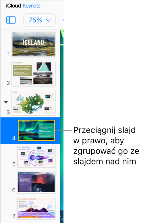 Przenoszenie slajdu na prawo w nawigatorze slajdów aplikacji Keynote dla iCloud