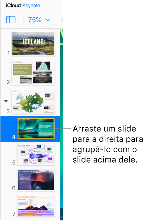 Navegador de slides do Keynote para iCloud com um slide movendo para a direita.