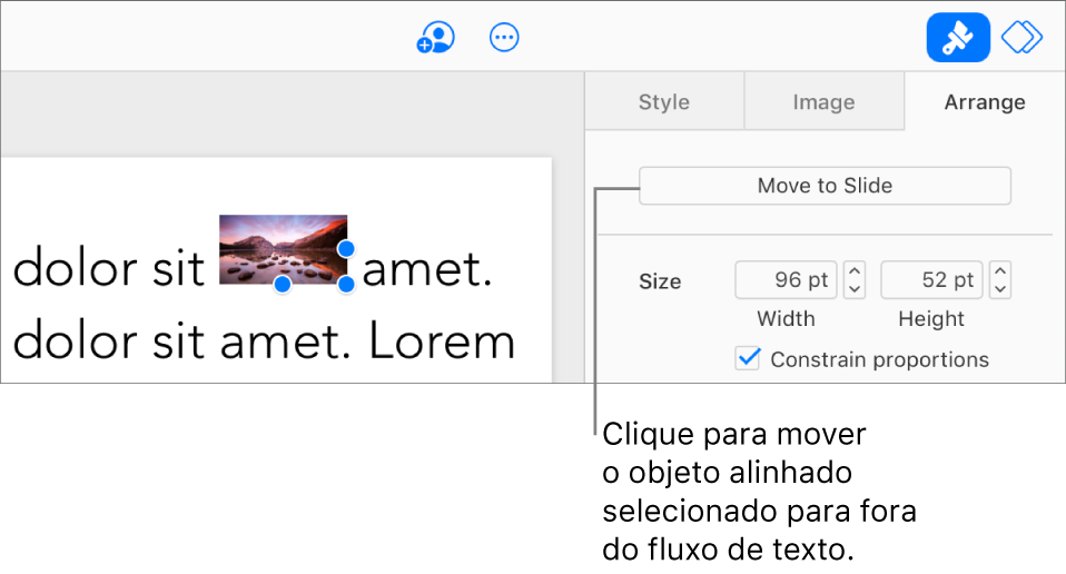 Uma imagem alinhada dentro de uma caixa de texto está selecionada e o botão “Mover para o Slide” está visível na aba Organizar na barra lateral.