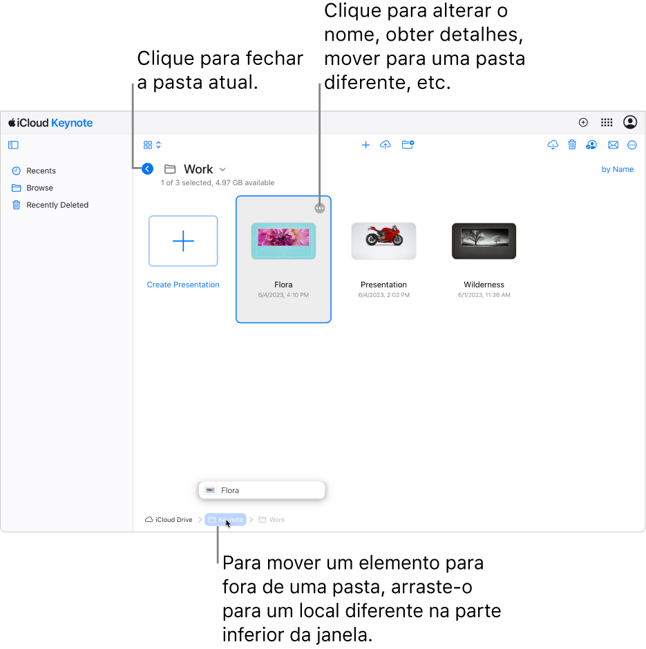 O gestor de apresentações na vista de navegação com uma apresentação a ser arrastada para um novo local (a pasta do Keynote) na parte inferior da janela. Por baixo da barra de ferramentas, aparece o botão Anterior à esquerda do nome da pasta atual (Trabalho).