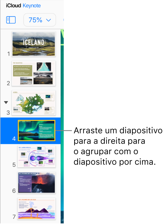 O navegador de diapositivos do Keynote para iCloud com um diapositivo a mover-se para a direita