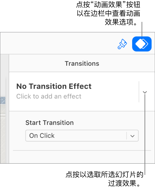 已选中工具栏中的“动画效果”按钮，且边栏中的过渡效果弹出式菜单中显示“无构件出现效果”。