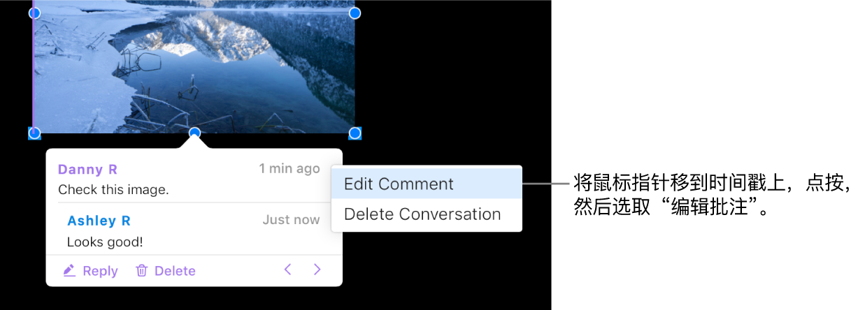 批注处于打开状态，指针位于顶部的时间戳上；弹出式菜单显示两个选项：“编辑批注”和“删除对话”。