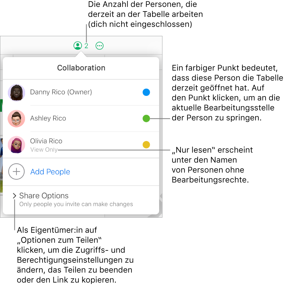 Das Menü „Zusammenarbeit“ ist geöffnet, eine Liste mit drei Teilnehmern (einer davon mit der Berechtigung „Nur lesen“), eine Option für „Personen hinzufügen“ und ein Bereich „Freigabe-Optionen“, indem die Verantwortlichen die Zugriffs- und Berechtigungseinstellungen ändern können, werden angezeigt.