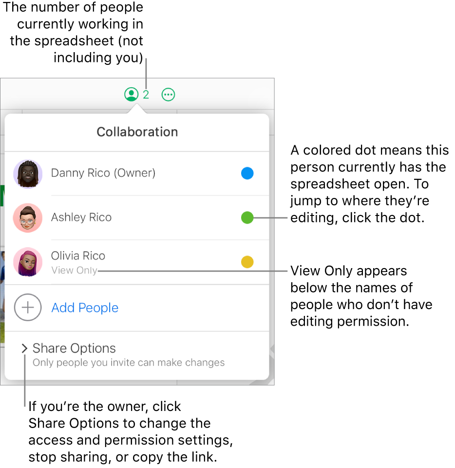 The Collaboration menu open, with a list of three participants (one with View Only access privileges), an option to Add People, and a Share Options section where owners can change access and permission settings.