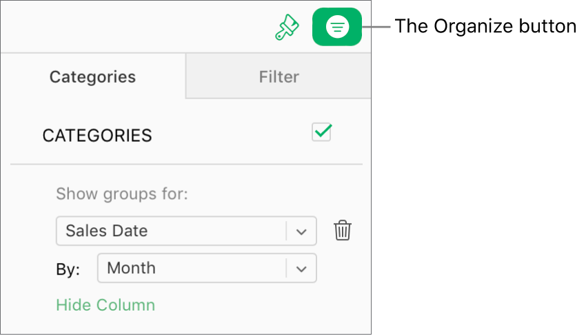 The Organize button is selected in the toolbar, and the rules that describe a category appear in the Categories tab of the Organize sidebar. Data is currently organized by Sales Date, and then grouped by month.