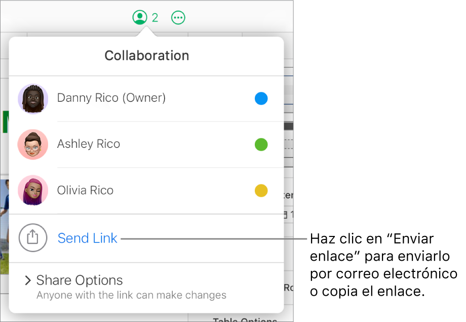 El menú Colaboración abierto con la opción “Enviar enlace” debajo de la lista de participantes.