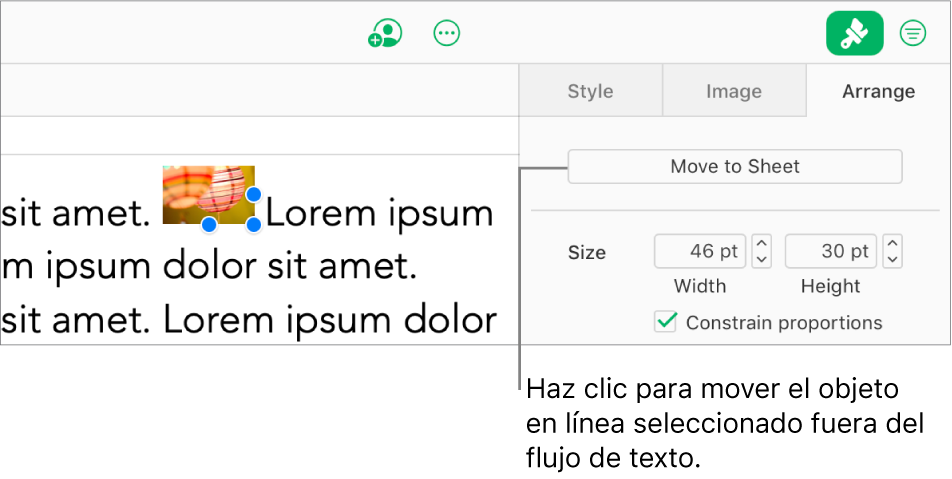 Hay una imagen integrada seleccionada dentro del cuadro de texto y el botón “Mover a la hoja” está visible en la pestaña Disposición de la barra lateral.