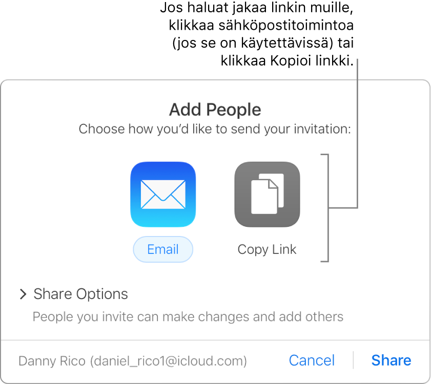 Tämä on ikkuna, joka näytetään, kun klikkaat työkalupalkin Yhteistyö-painiketta (ennen laskentataulukon jakamista). Sähköposti- ja Kopioi linkki -painikkeilla voit valita, miten jaat laskentataulukon.