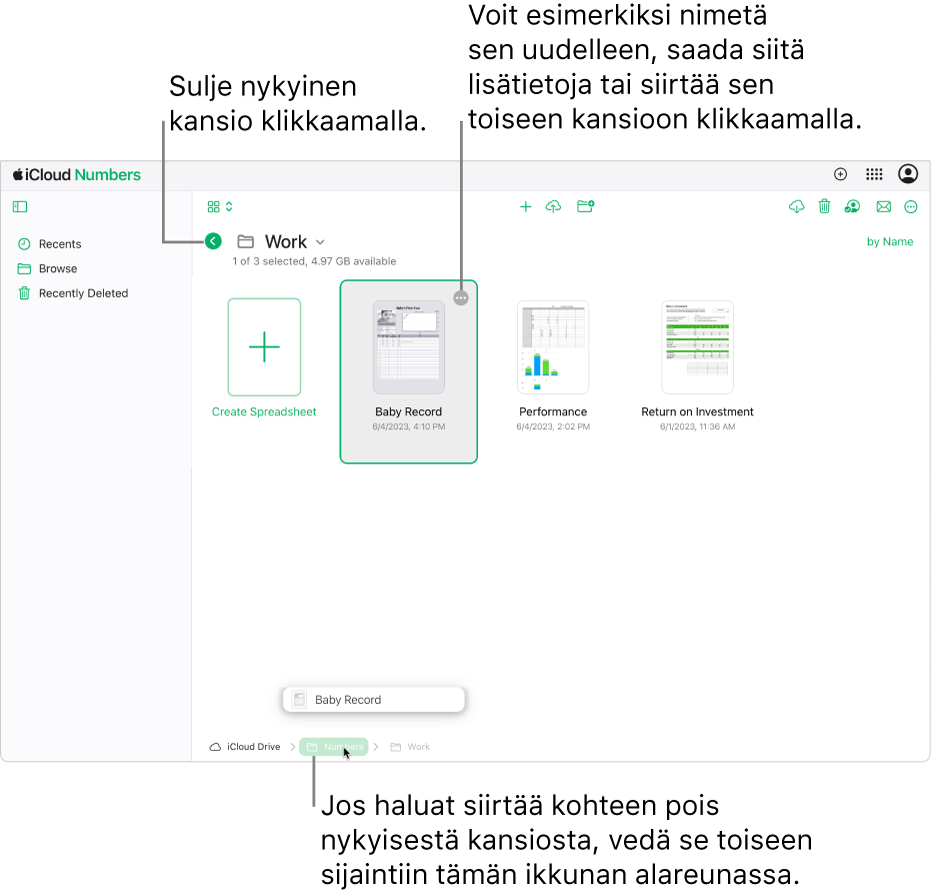 Laskentataulukkonäkymä on selausnäkymässä, ja laskentataulukkoa vedetään nykyisestä kansiosta uuteen sijaintiin (Numbers-kansioon) ikkunan alareunassa. Työkalupalkin alapuolella nykyisen kansion nimen (iWork) vasemmalla puolella näkyy Takaisin-painike.