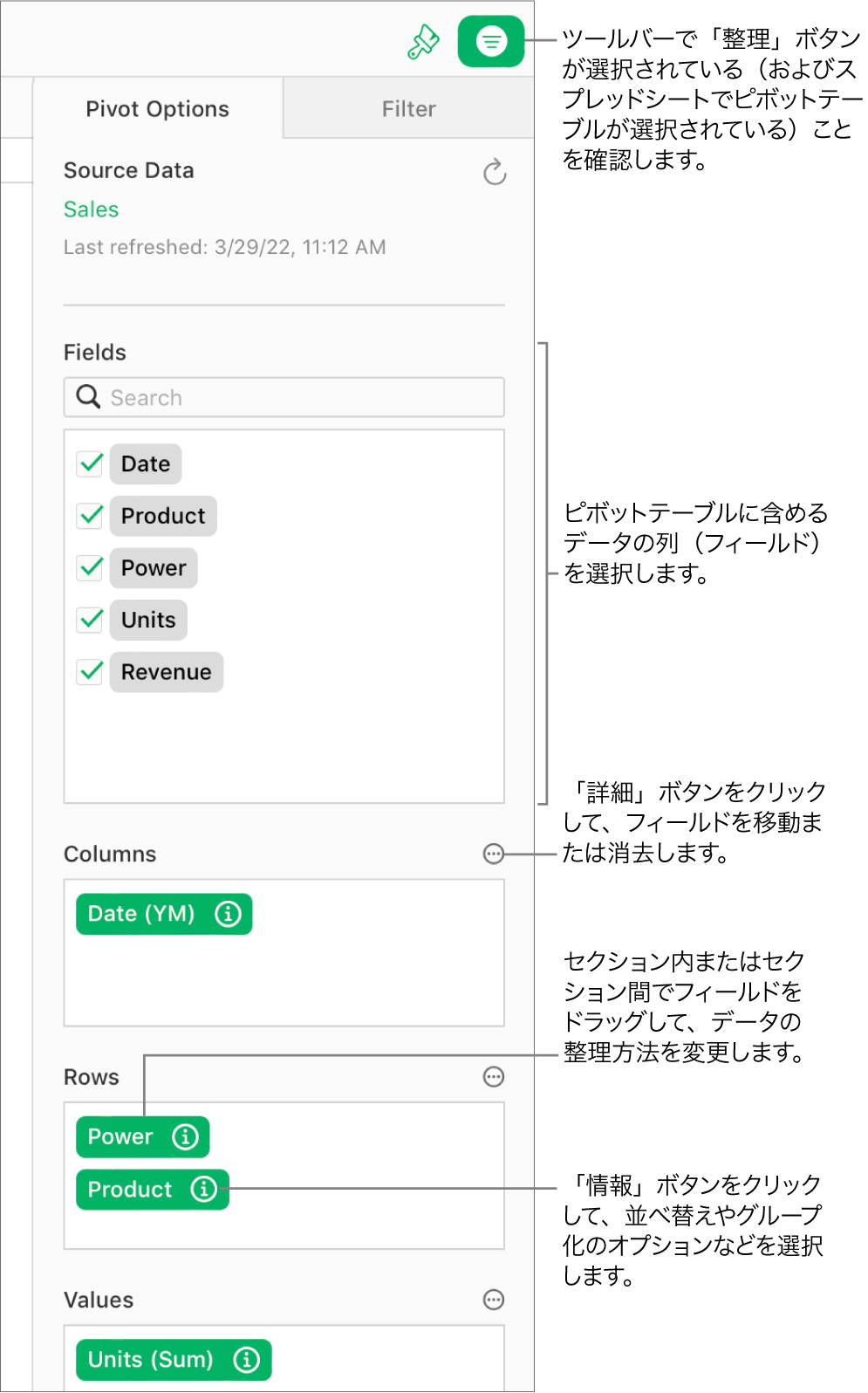 「整理」サイドバーの「ピボットオプション」タブには、「列」、「行」、「値」セクションにフィールドが表示されるとともに、フィールドを編集してピボットテーブルを更新するための「情報」ボタンと「詳細」ボタンが表示されています。