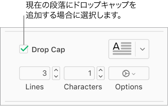 「ドロップキャップ」チェックボックスがオンになると、その右側にポップアップメニューが表示されます。その下に、行の高さや文字数などのオプションを設定するためのコントロールが表示されます。
