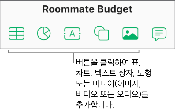 도구 막대의 표, 차트, 텍스트, 도형 및 미디어 버튼.