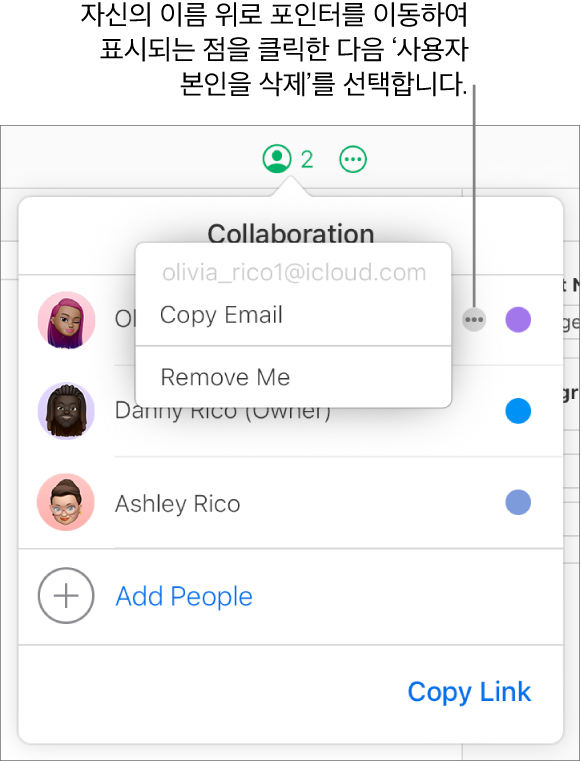 클릭한 첫 번째 참여자 오른쪽에 기타 버튼이 있고, ‘사용자 본인을 삭제’ 옵션을 사용할 수 있는 공동 작업 메뉴가 열려 있음.