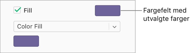 Det er krysset av i Fyll-ruten i sidepanelet, og det forhåndsinnstilte fargefeltet til høyre for avkrysningsruten er fylt med lilla. Fargefyll er markert i en lokalmeny under avkrysningsruten.