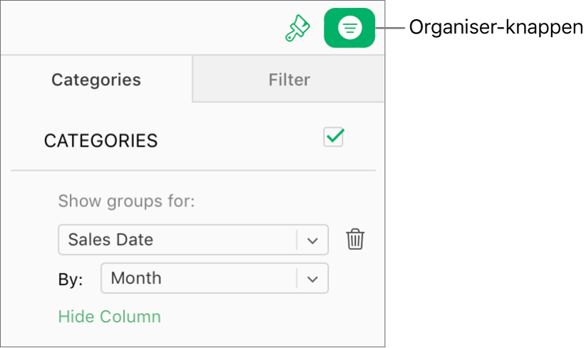 Organiser-knappen er valgt på verktøylinjen, og reglene som beskriver en kategori, vises på Kategorier-fanen i Organiser-sidepanelet. Dataene er for øyeblikket organisert etter salgsdato og deretter gruppert etter måned.
