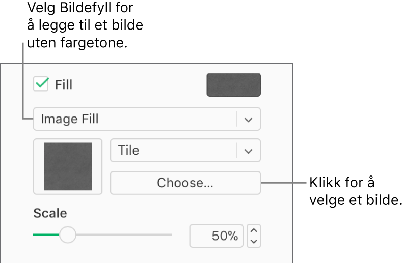 Det er krysset av i Fyll-ruten i sidepanelet, og Bildefyll er valgt på lokalmenyen under avkrysningsruten. Kontroller for valg av bilde, hvordan det fyller objektet, og bildeskaleringen vises under lokalmenyen. En forhåndsvisning av fargefyllet vises i firkanten (etter et bilde er valgt).