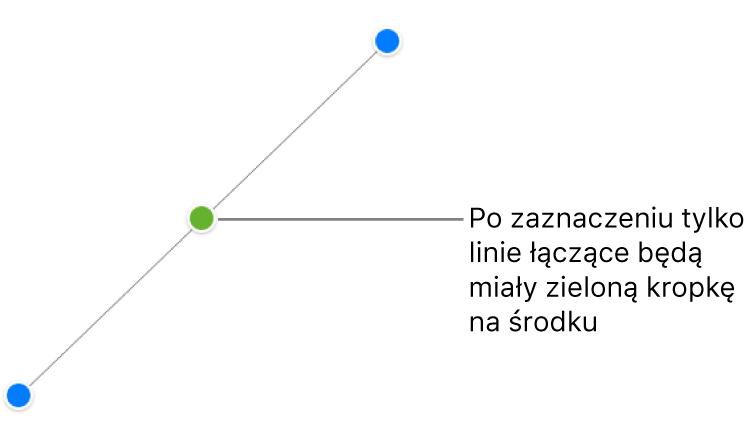 Zaznaczona linia prosta połączenia. Na końcach widać niebieskie uchwyty zaznaczenia, a w środku widnieje zielona kropka.