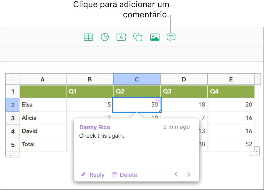Um comentário adicionado a uma célula de tabela.