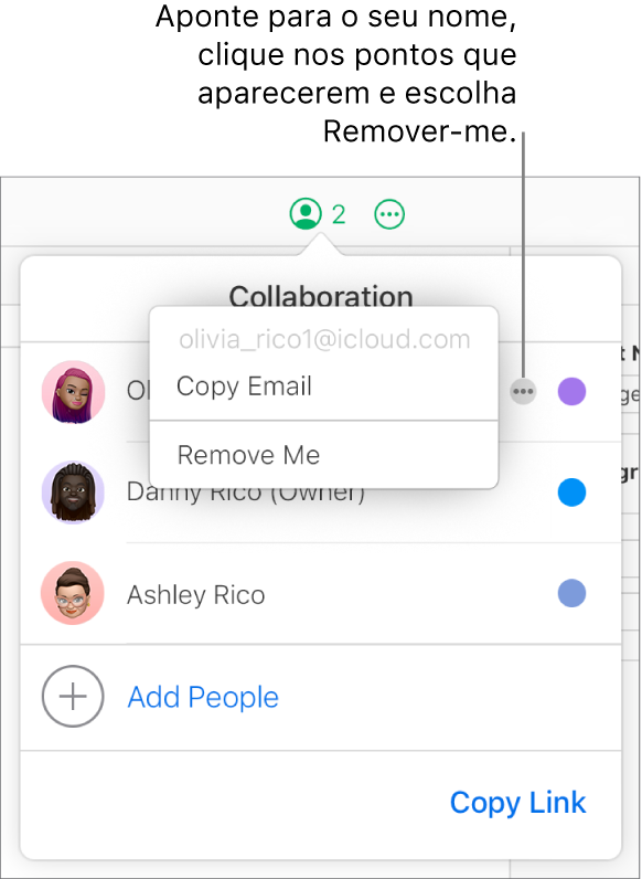 O menu Colaboração aberto, com o botão Mais à direita do primeiro participante clicado e a opção Remover disponível.