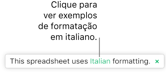 Uma mensagem que diz “Esta planilha usa a formatação Italiano”.