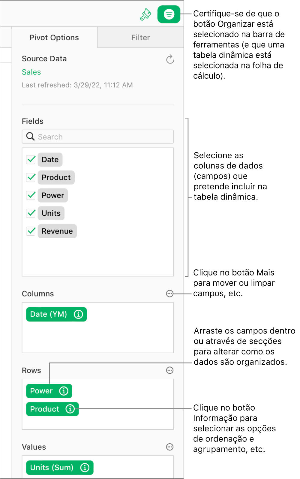 O separador “Opções dinâmicas” na barra lateral “Organizar” a mostrar campos nas secções “Colunas”, “Linhas” e “Valores”, bem como os botões Informação e Mais para editar os campos e atualizar a tabela dinâmica.