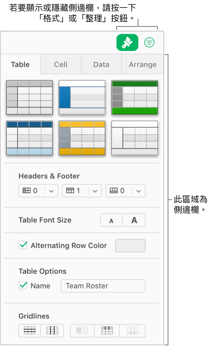 工具列中已選取「格式」按鈕，表格樣式、顏色及其他格式控制項目則出現在試算表右方的側邊欄。「整理」按鈕會出現在工具列中「格式」的右邊。