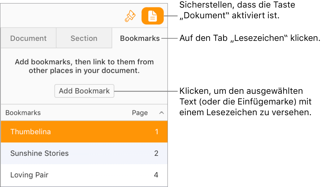 Der Tab „Lesezeichen“ ist in der Seitenleiste „Dokument“ ausgewählt. Die Taste „Lesezeichen hinzufügen“ wird über einer Liste von Lesezeichen angezeigt, die dem Dokument bereits hinzugefügt wurden.