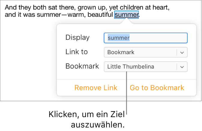 Text in einem Dokument ist ausgewählt und unterstrichen. Das Linkfenster zeigt, dass der Text mit einem Lesezeichen verknüpft ist.