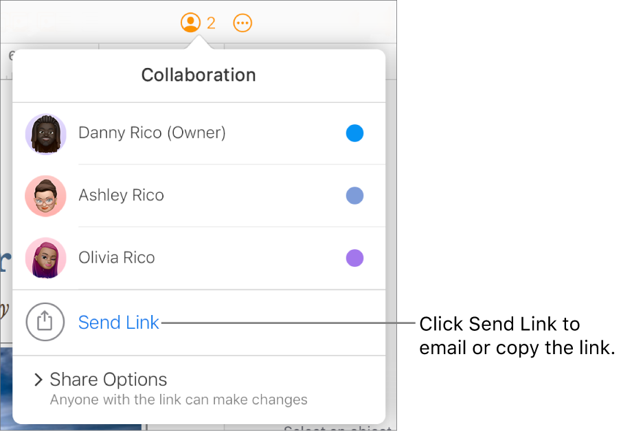 The Collaboration menu open, with a Send Link option below the participant list.