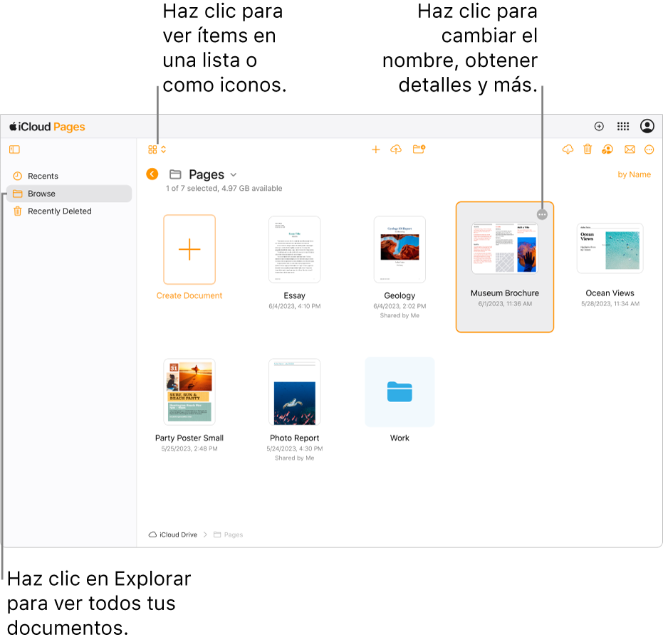 El gestor de documentos en vista de exploración, mostrando documentos de Pages como iconos en una cuadrícula. El botón Más (tres puntos) está visible en la esquina superior derecha del documento seleccionado. Por encima de los documentos, el lado izquierdo de la barra de tareas tiene un menú desplegable donde puedes seleccionar si visualizar los ítems como iconos o en una lista. En el lado derecho de la barra hay botones para descargar ítems, colaborar en ellos, enviarlos por correo electrónico o eliminarlos.