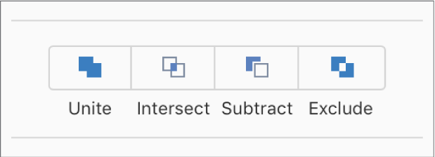 Los botones Unir, Cruzar, Sustraer y Excluir en la parte inferior de la pestaña Disposición en la barra lateral Formato.