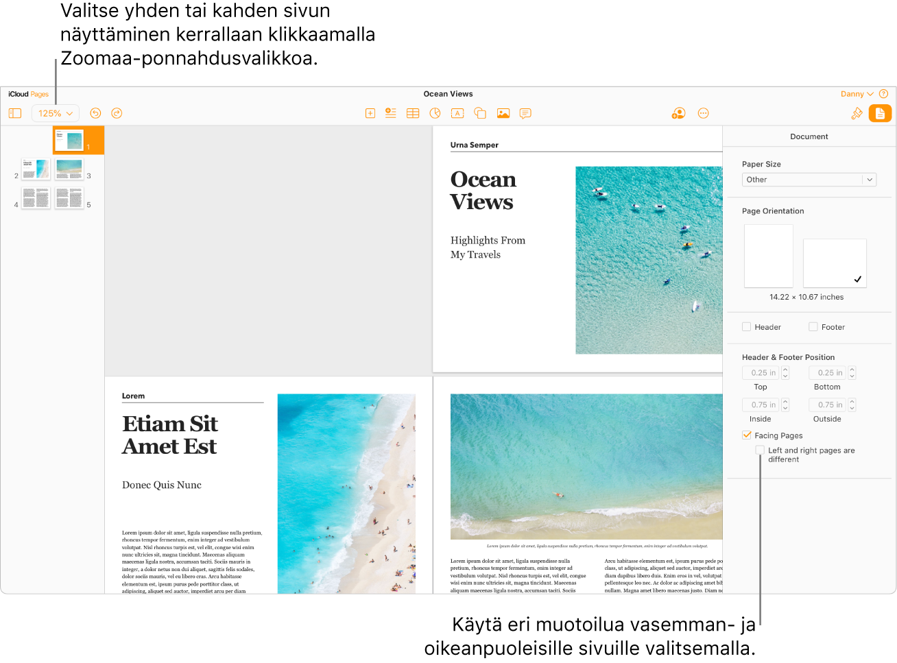 iCloudin Pages -ikkunassa näkyvät sivun miniatyyrit ja dokumentin sivut kahden sivun aukeamina. Oikealla olevassa Dokumentti-sivupalkissa valintaneliö Vasen ja oikea sivu ovat erilaisia on valitsematta.