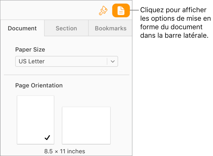Bouton Document sélectionné dans la barre d’outils et commandes de changement de la taille du papier et de l’orientation de la page dans l’onglet Document de la barre latérale.