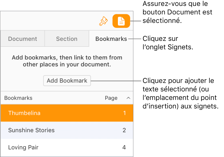 L’onglet Signets est sélectionné dans la barre latérale Document. Le bouton Ajouter un signet apparaît au-dessus d’une liste de signets qui ont déjà été ajoutés au document.