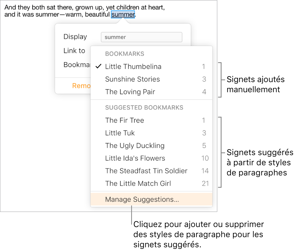 Liste des signets avec signets ajoutés manuellement en haut et signets suggérés au-dessous. L’option Gérer les suggestions est sélectionnée en bas du menu local.